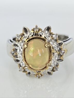 Genuine Ethiopian Opal & Zircon Ring 18k  Palladium Sterling Silver Size 8!